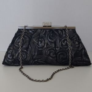 Jessica McClintock Womens Black Metallic Silver Roses Evening Bag Purse Party
